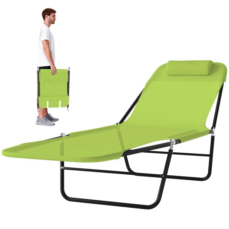 Green reclining folding chaise lounge chair with black metal support frame