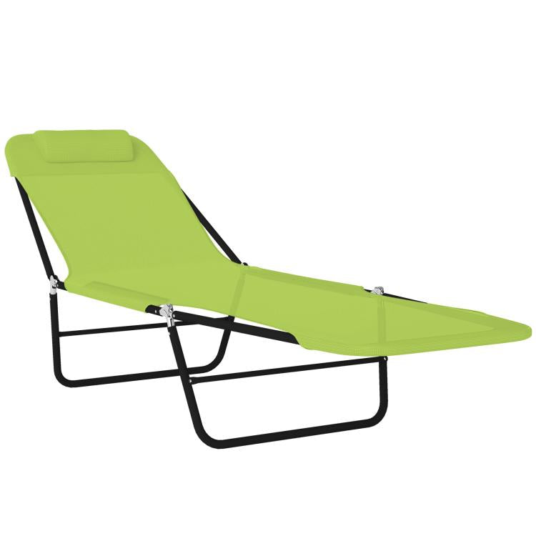 Green folding chaise lounge chair with reclining back, black metal frame
