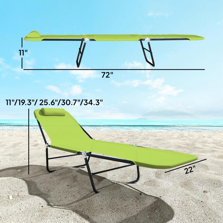 Green adjustable folding chaise lounge chair with black metal legs