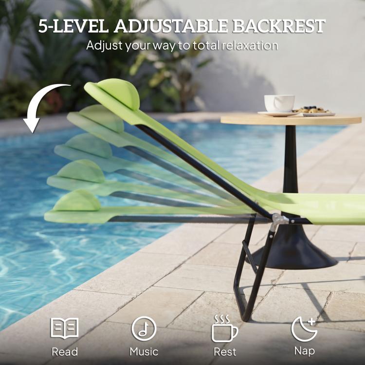Green chaise lounge with multi-position reclining back and black steel frame