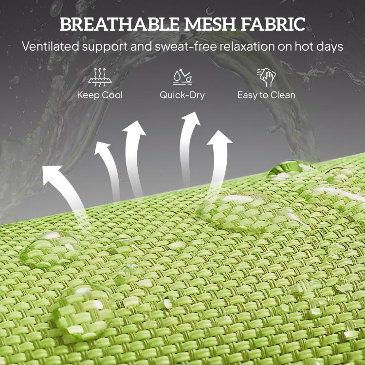 Green breathable mesh chaise lounge chair with black frame and reclining back
