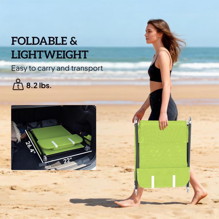 Green folding chaise lounge chair with carry-ready design and black steel frame