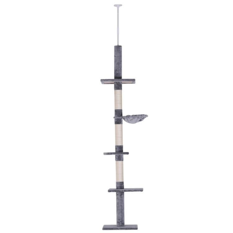 Gray cat tree tower with multiple horizontal scratching platforms and posts