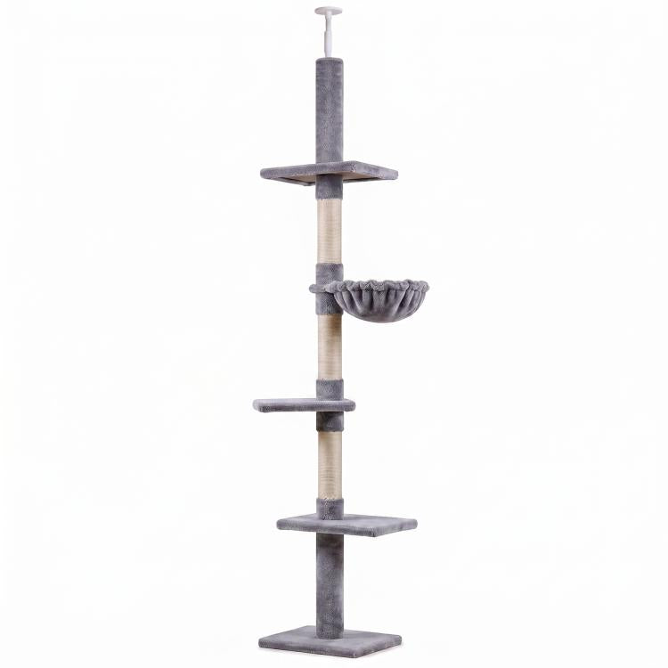 Gray cat tree with multiple platforms and hammock on a vertical scratching post