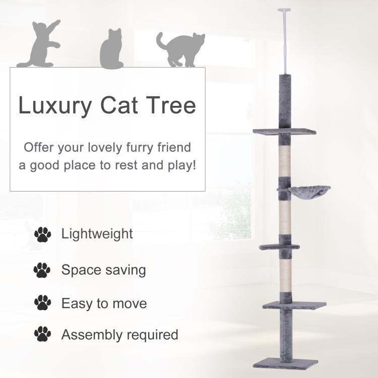 Gray cat tree tower with stacked platforms, hammock, and scratching posts