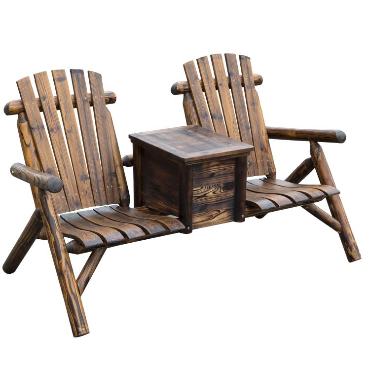 Two-seat wooden adirondack loveseat with central ice bucket and slatted armrests