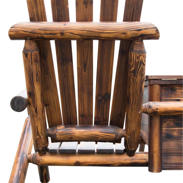 Rustic wooden adirondack loveseat with armrests, slatted back, and ice bucket