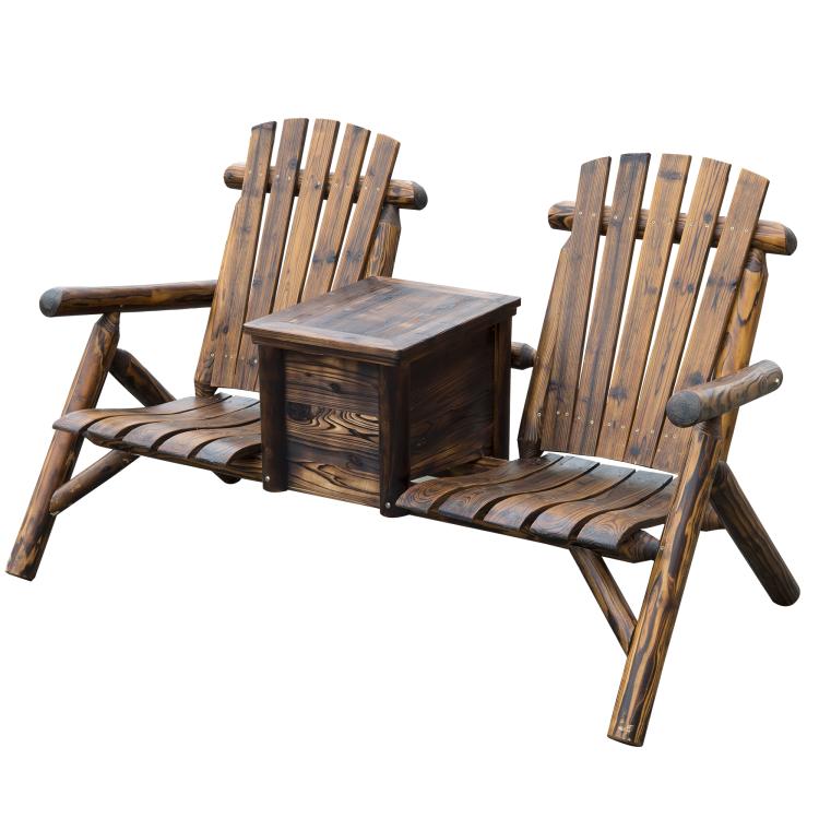 Double wooden adirondack loveseat with side armrests and central ice bucket