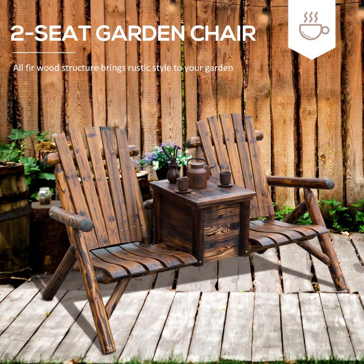 Wooden two-seat garden chair with central ice bucket table and slatted backrests