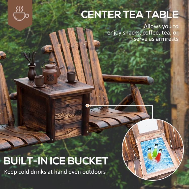Wooden adirondack loveseat with built-in ice bucket center table and log armrests