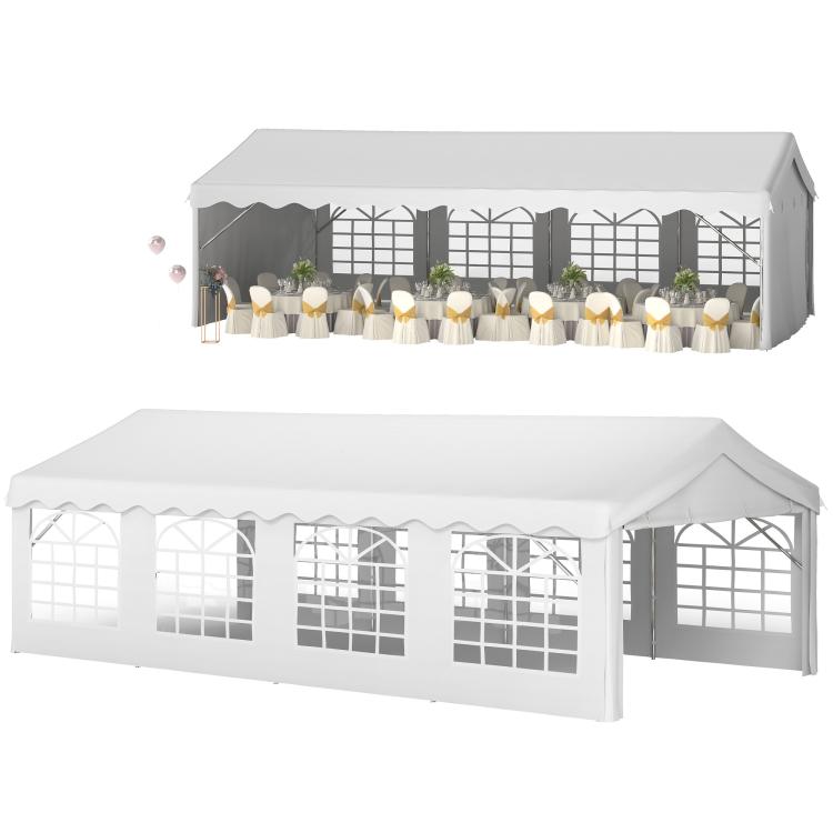 White party tent with arched window sidewalls and scalloped roof edge