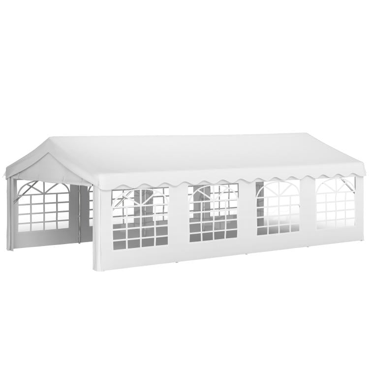 White outdoor party tent with arched window panels on removable sidewalls