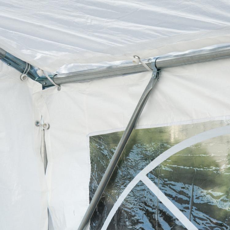 White party tent with gray metal frame and clear window sidewall panel