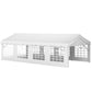 White party tent with multiple window side panels and peaked roof