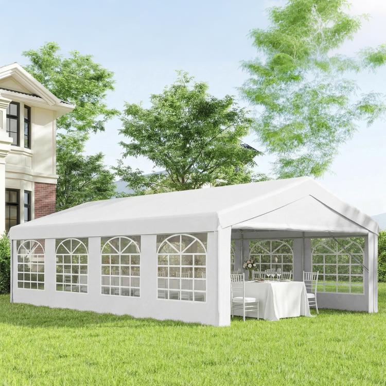 White event tent with arched window side panels and open interior