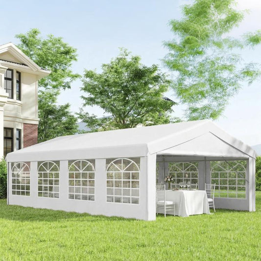 White event tent with arched window side panels and open interior