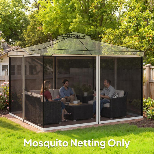 Outdoor gazebo with dark mesh sidewall netting panels and cream-framed zip doors