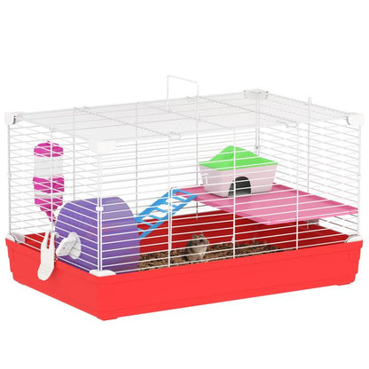 Red and white 2-story hamster cage with exercise wheel, ramp, house, and accessories