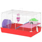 Red hamster cage with white wire walls, multi-level platform, wheel, ramp, and house