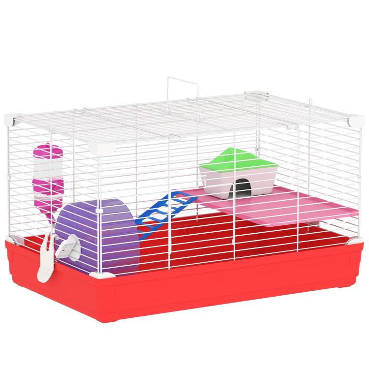 Red hamster cage with exercise wheel, purple hide, green platform, and white wire bars
