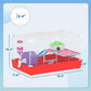 Red 2-story hamster cage with white bars, pink water bottle, platform, wheel, and ramp