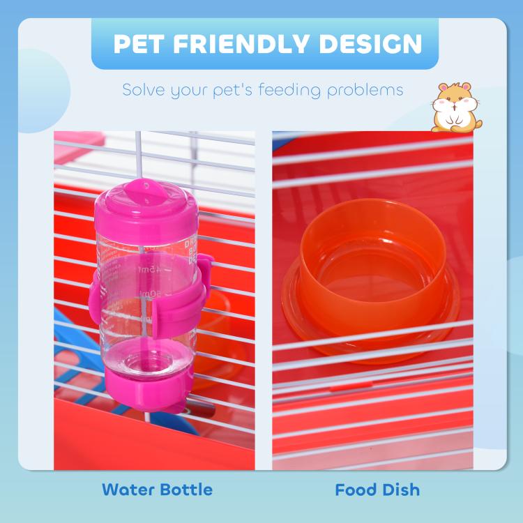 Hamster cage interior showing pink water bottle and orange food dish on red base
