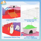 Red hamster cage features large front door, top handle, and small house with door window