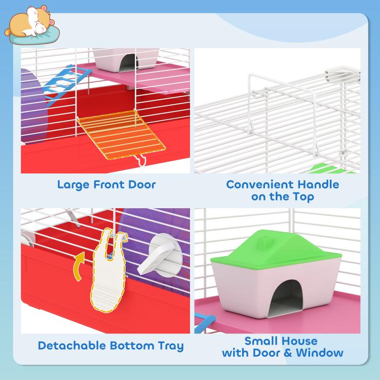Red hamster cage features large front door, top handle, and small house with door window