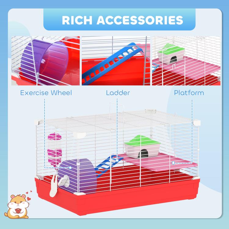 Hamster cage with exercise wheel, ladder, and upper platform inside red base