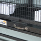 Black wire bird cage with removable metal tray and latch detail