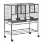 Metal bird cage with black frame, front door, rolling stand and lower shelf