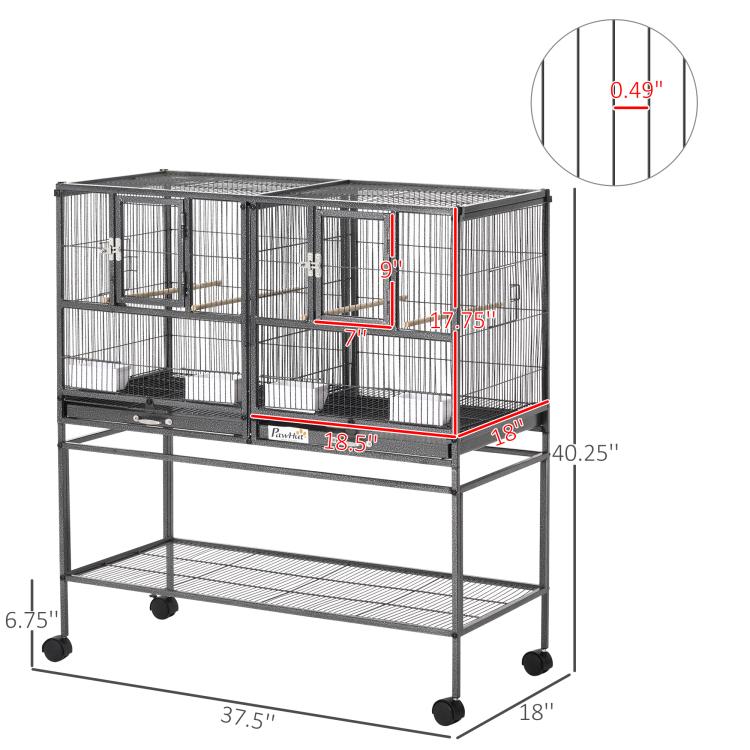 Divided metal bird cage with rolling stand shown with measurement guide