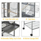 Divided metal bird cage with side access doors, removable sliding tray, and bottom shelf