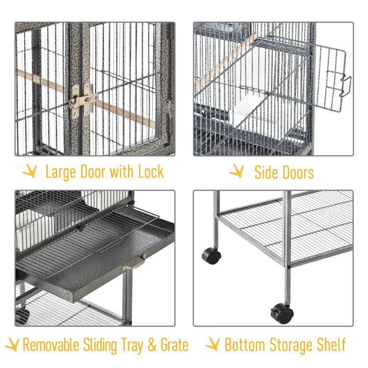 Divided metal bird cage with side access doors, removable sliding tray, and bottom shelf