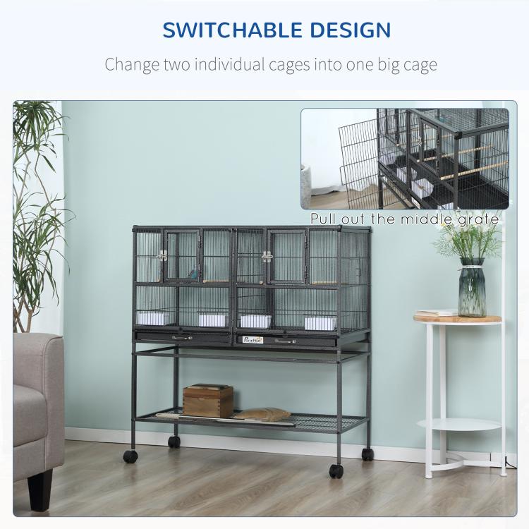 Divided metal bird cage with switchable layout and pull-out middle grate
