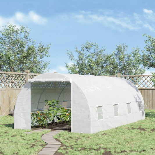 White tunnel greenhouse with zippered front door and mesh window panels