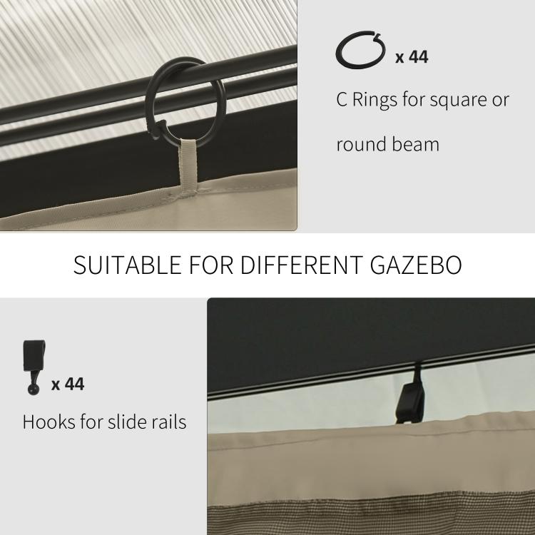 Black C-rings and slide hooks for attaching beige gazebo sidewalls