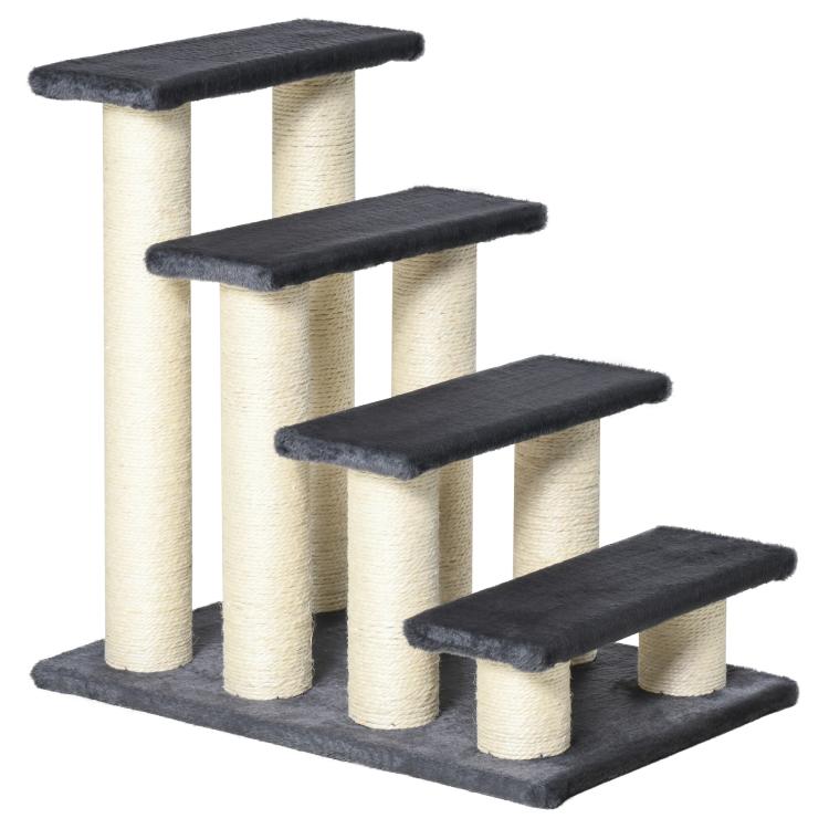 Four-step cat tree with dark platforms and light sisal scratching posts