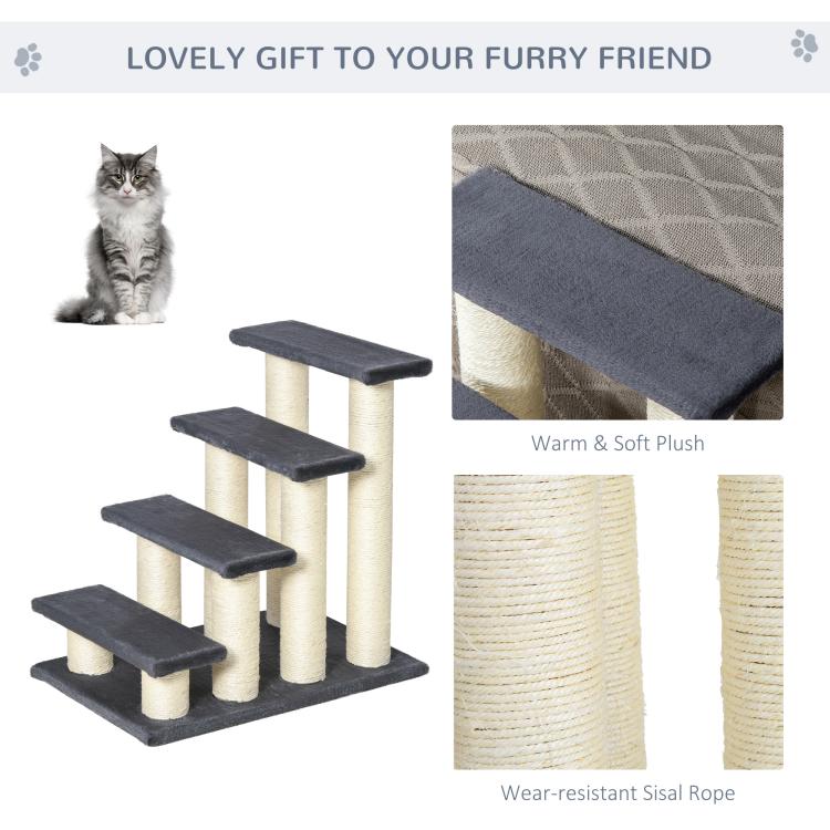 Cat climbing tower with dark plush steps and cream sisal rope scratching posts