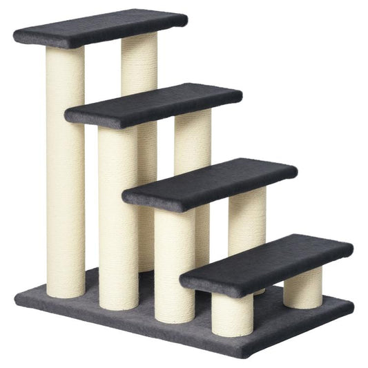 Four-step cat climbing tower with dark fabric platforms and sisal-wrapped posts