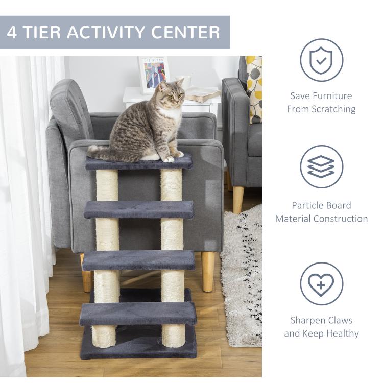 Four-tier activity center cat tower with dark platforms and sisal scratching posts