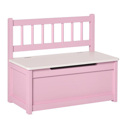 Pink kids toy storage bench with lift-top lid and open storage compartment