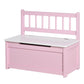 Pink kids toy storage bench with slatted backrest and closed lift-top lid