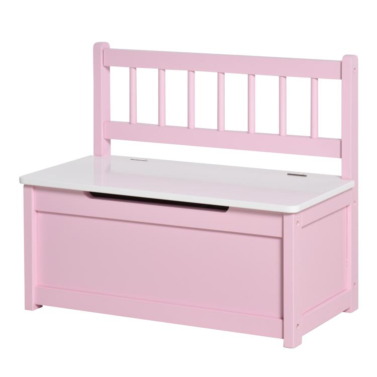 Pink kids toy storage bench with slatted backrest and closed lift-top lid