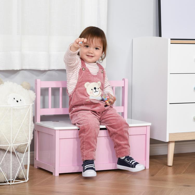 Pink kids toy storage bench with slatted backrest and closed lift-top lid