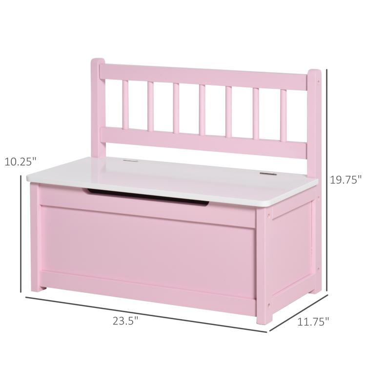 Pink toy storage bench with slatted backrest, lift-top lid, and front storage panel