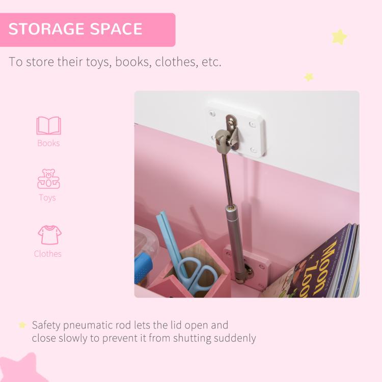 Pink toy storage bench with storage space and soft-close lid support rod