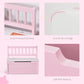 Pink toy storage bench with pine backrest, smooth rounded edges, and MDF body