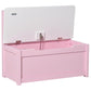 Pink toy storage bench with open lid, safety hinges, and spacious interior compartment