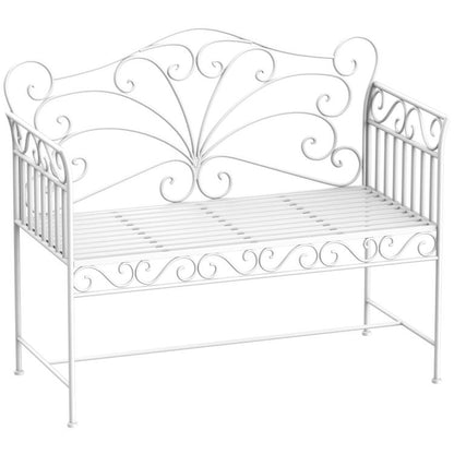 Cream white metal garden bench with decorative scrollwork back and slatted seat, armrests